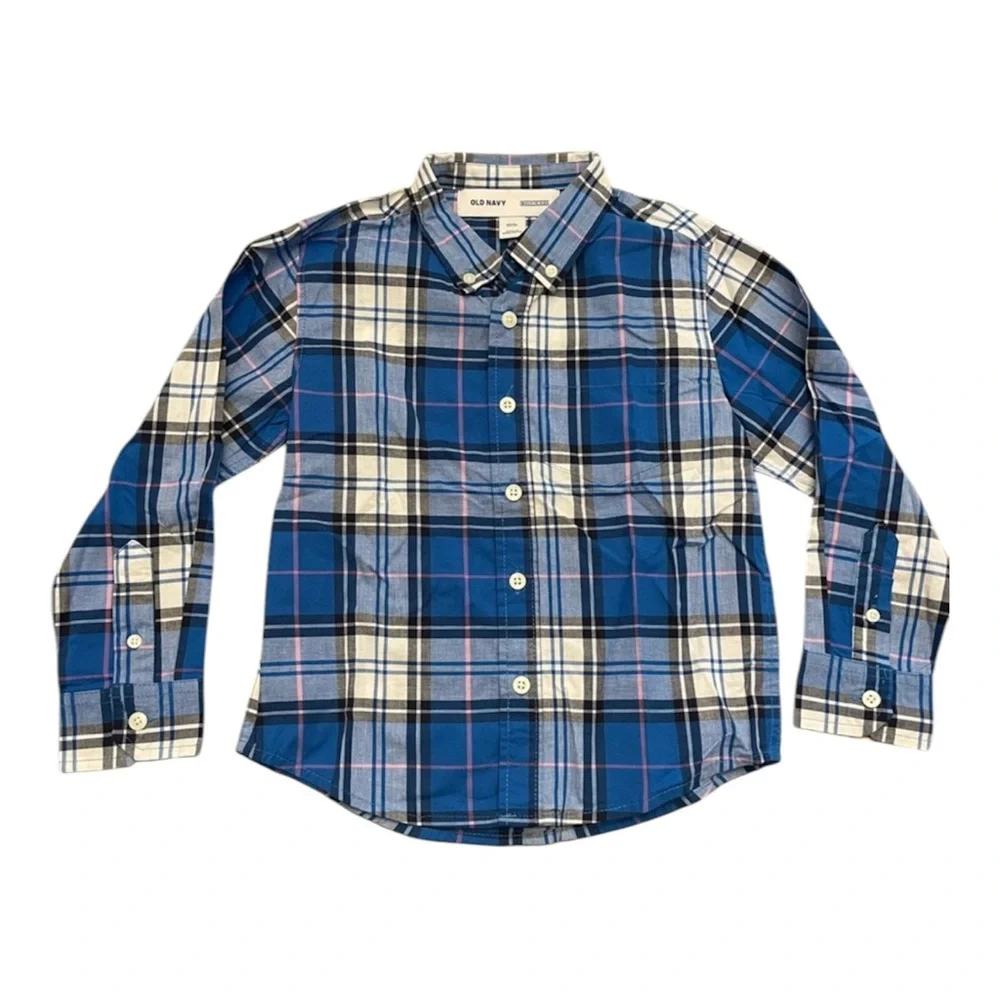 Old Navy Boys Long Sleeve Button Down Blue Plaid Shirt